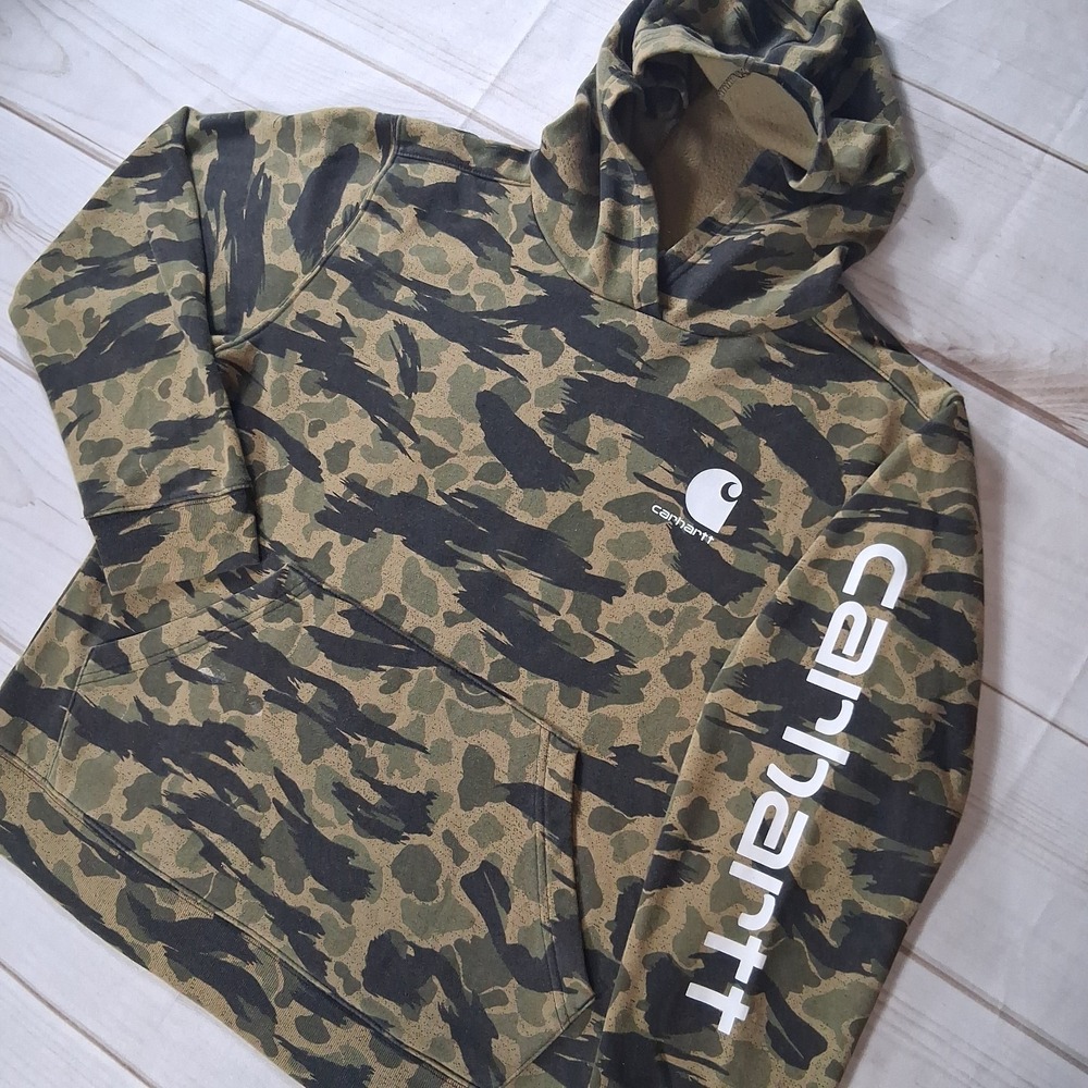 Carhartt Youth Boys Size L 14-16 Camo Sleeve Graphic Logo Pullover Hoodie Fleece